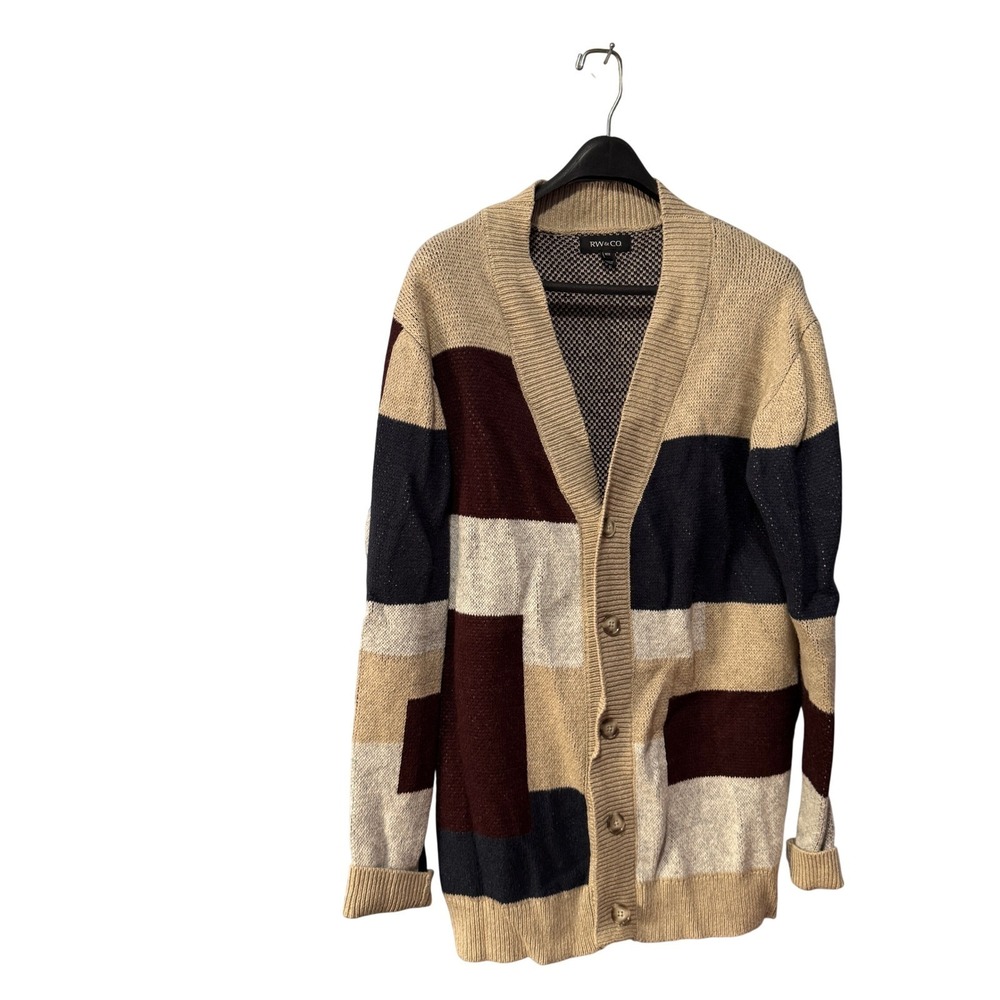 RW & CO Mens Colorblock‎ Button Front Cardigan Sweater Tan Navy Burgundy
